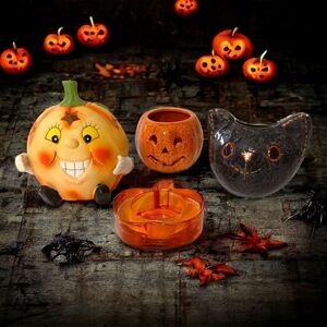 4 Halloween Votives Tealight Holders Black Cat Candle Pumpkin Glass Ceramic Mix.